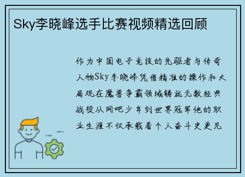 Sky李晓峰选手比赛视频精选回顾