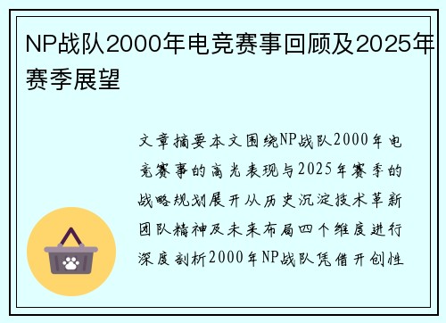 NP战队2000年电竞赛事回顾及2025年赛季展望